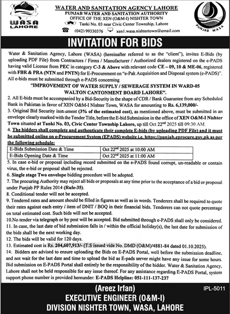 Water & Sanitation Agency Lahore Tender Notice 1